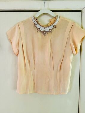 VTG 40s 50s Rayon Tissue Faille Crepe Sequin Beaded Ethereal Peach Blouse Flaws